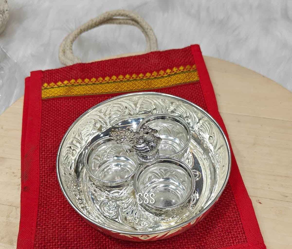 silver plated Tray with Kumkum Bowl Set