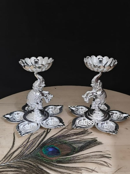 German Silver Elephant Panchmukhi Diya Set of 10 Pieces