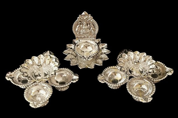 Silver Plated Set of 3 Diyas for Diwali/Housewarming Pooja/Home Décor, 1 Lakshmi Lotus Diya, 2 Panchmukhi Diya