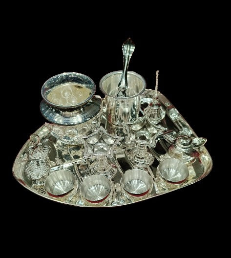 Silver plated leaf pooja thali set of 13 pieces for diwali/ housewarming pooja/gift item