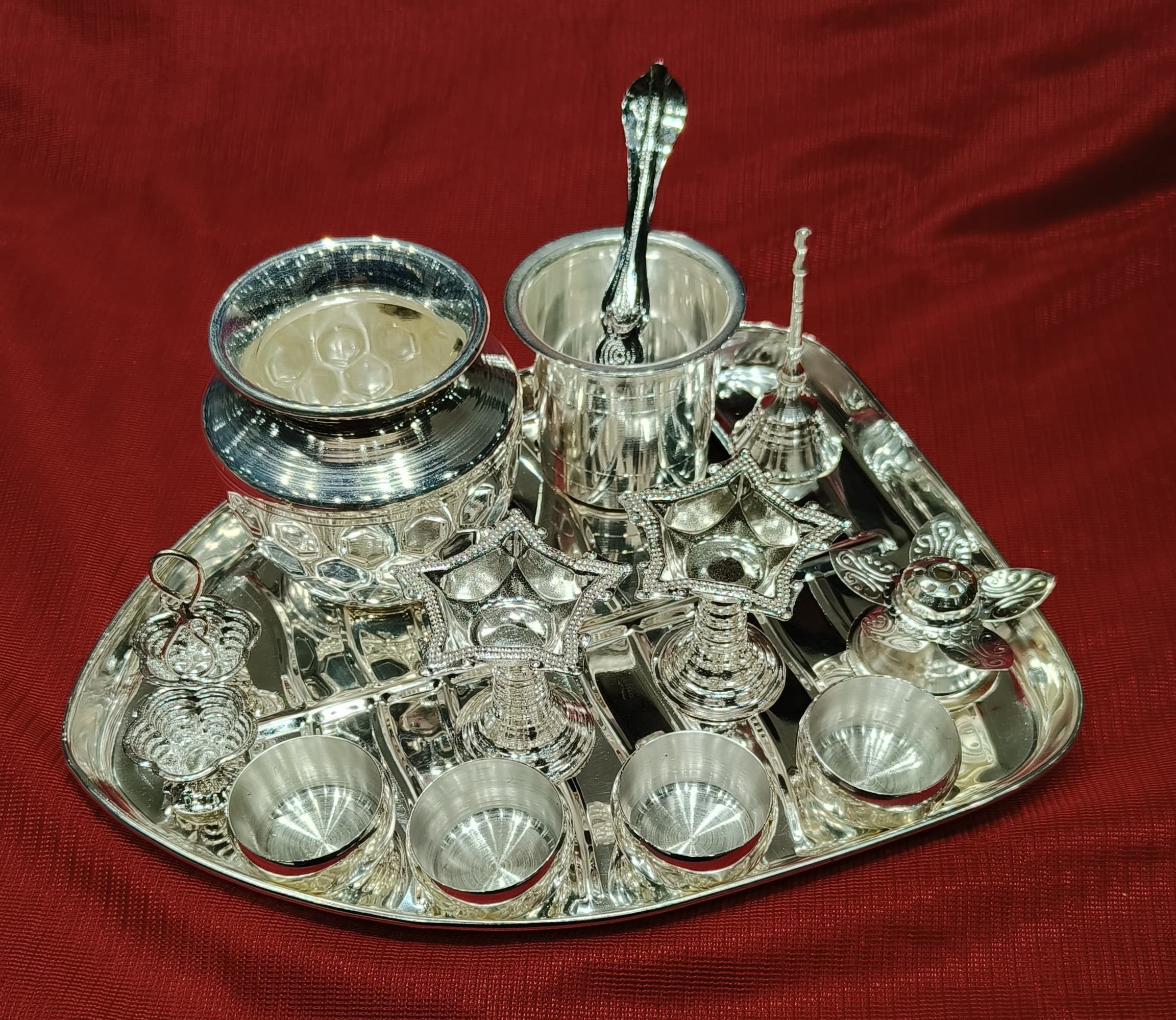 Silver Plated Leaf Pooja Thali Set Of 13 Pieces For Diwali/Housewarming Pooja/Gift Item