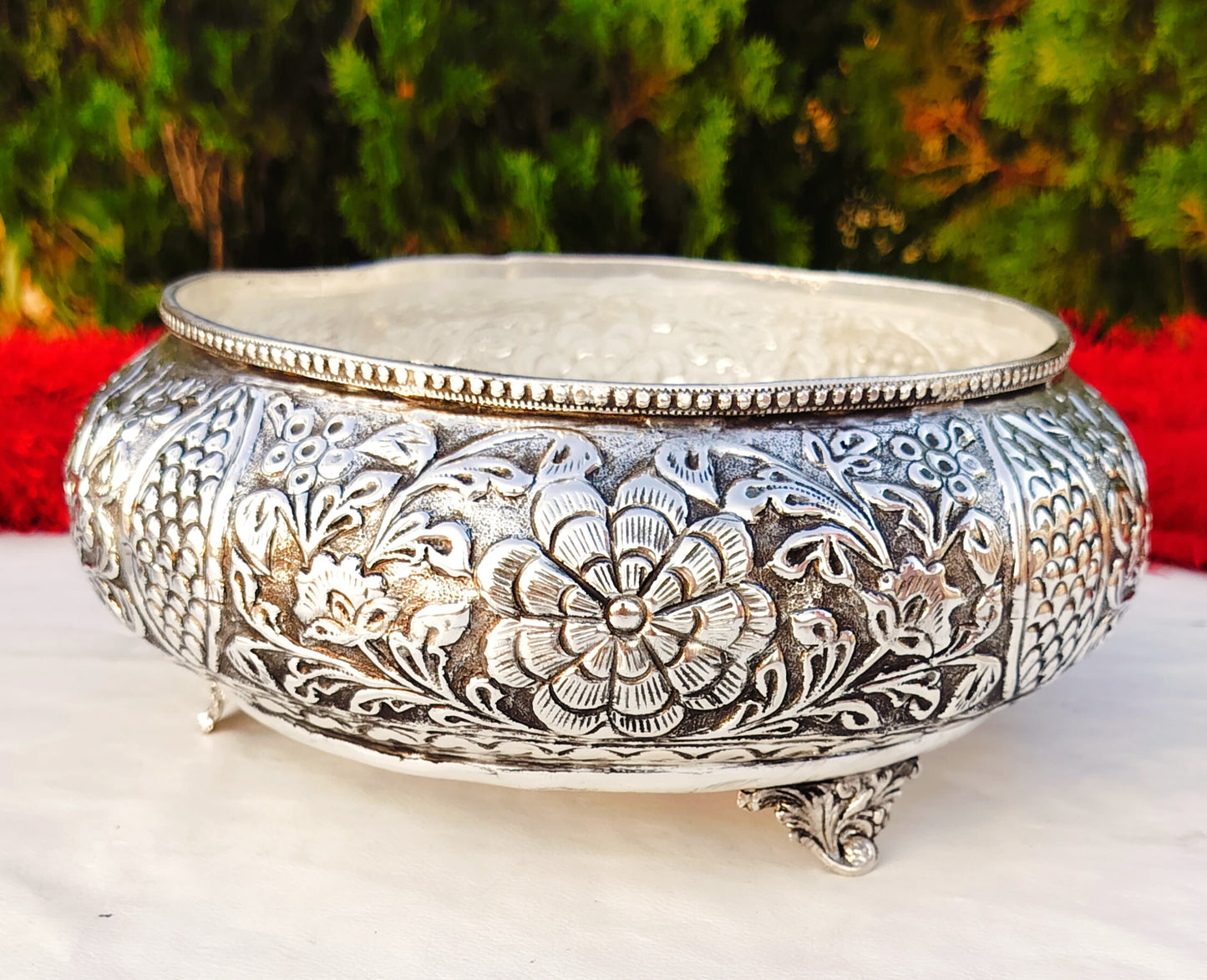 german silver fully carved urli bowl for fruits/snacks/home d?or/ housewarming/ diwali/ gift item