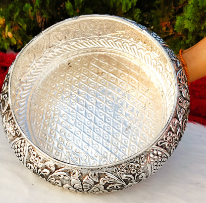 german silver fully carved urli bowl for fruits/snacks/home d?or/ housewarming/ diwali/ gift item