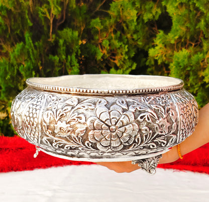 german silver fully carved urli bowl for fruits/snacks/home d?or/ housewarming/ diwali/ gift item