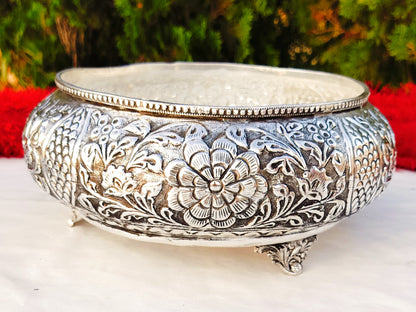 german silver fully carved urli bowl for fruits/snacks/home d?or/ housewarming/ diwali/ gift item