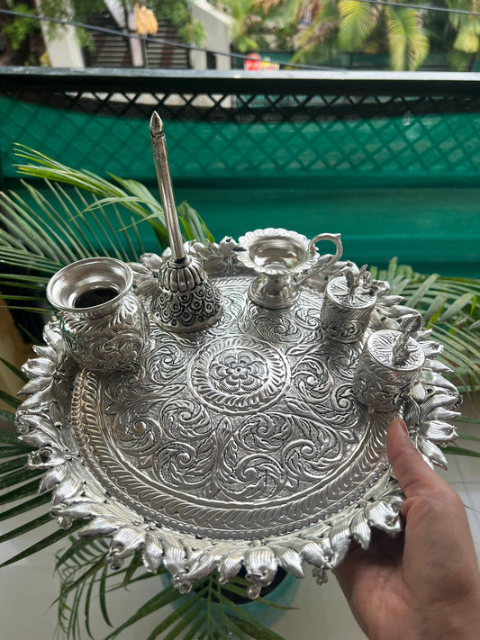 German silver flower fully carved pooja thali set