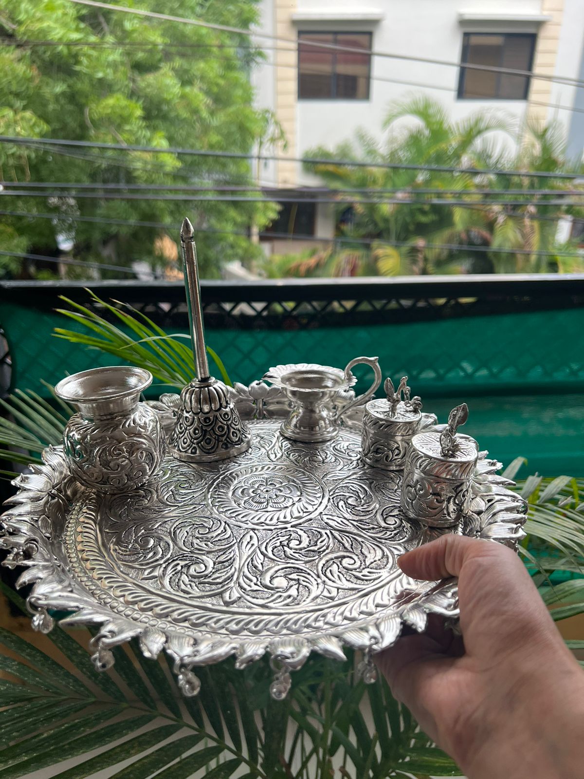 German Silver Flower Fully Carved Pooja thali Set