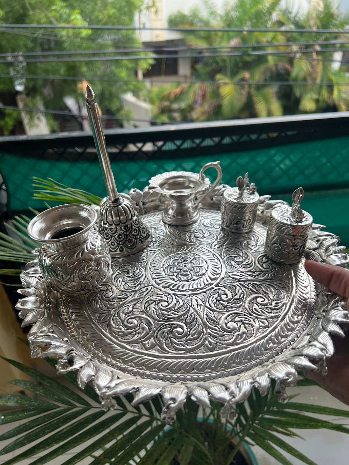 German Silver Flower Fully Carved Pooja thali Set