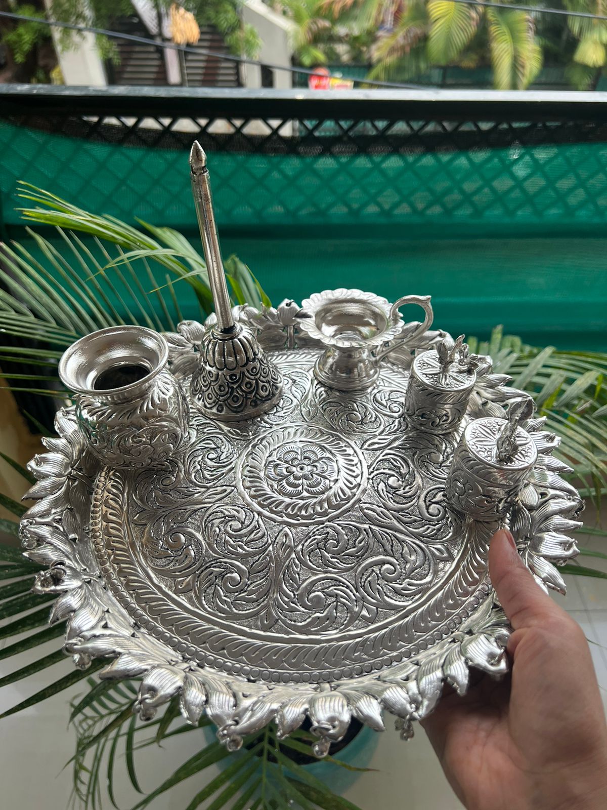 German Silver Flower Fully Carved Pooja thali Set