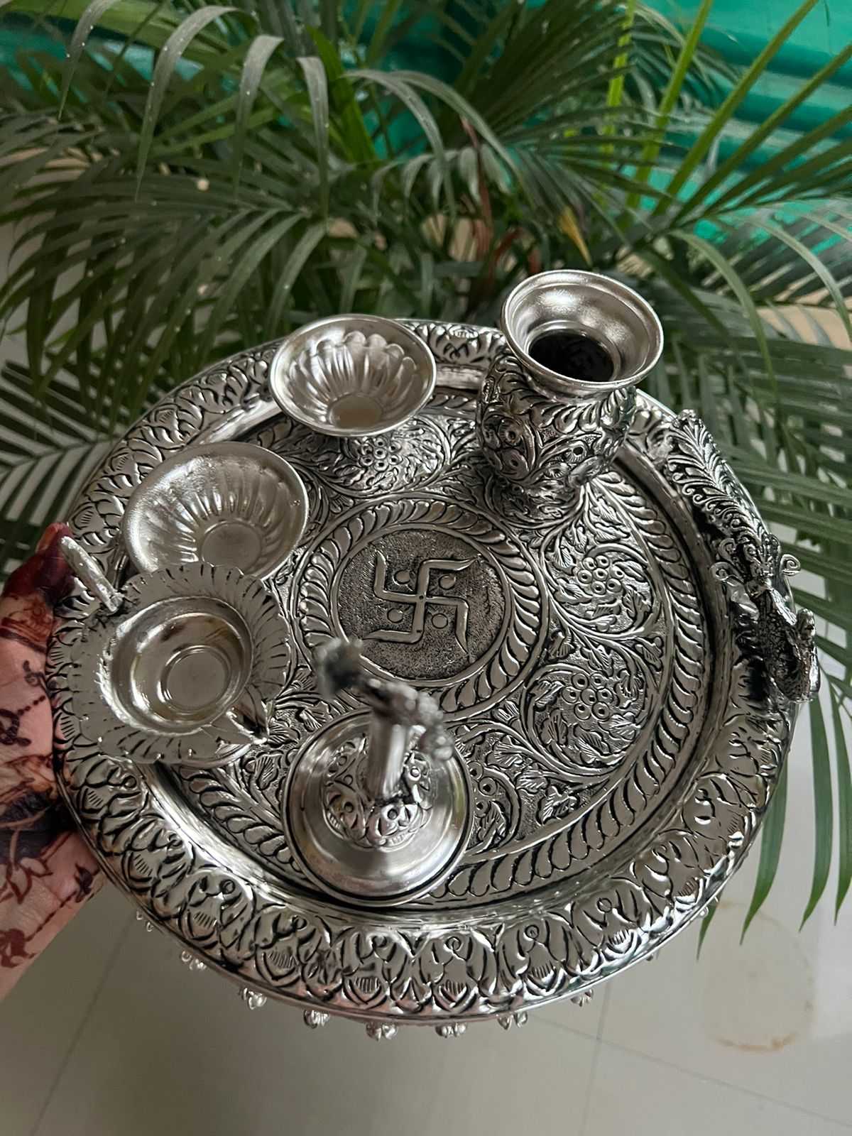 German Silver Peacock Motif on thali