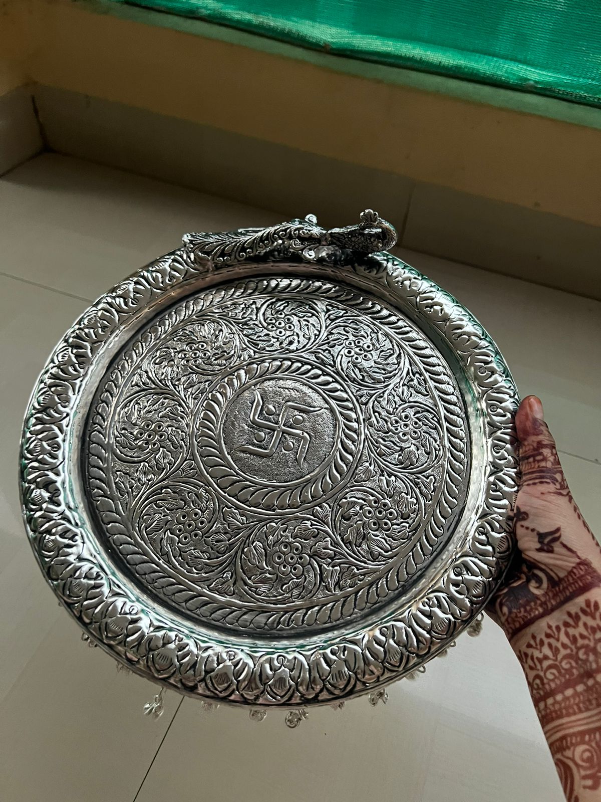 German Silver Peacock Motif on thali