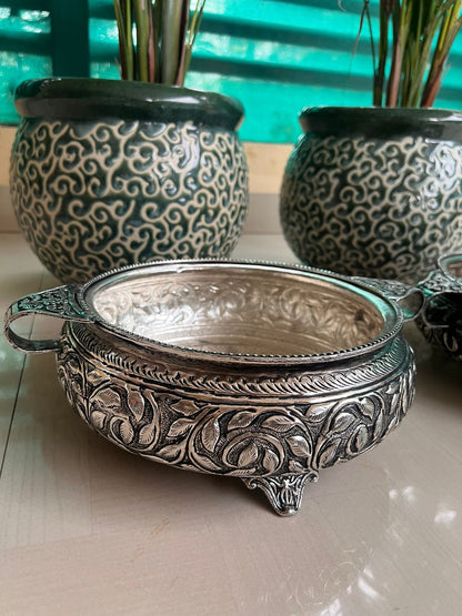 1 german silver fully carved Parrot antique finish urli bowl for fruits/ snacks/gift item/ diwali home decor