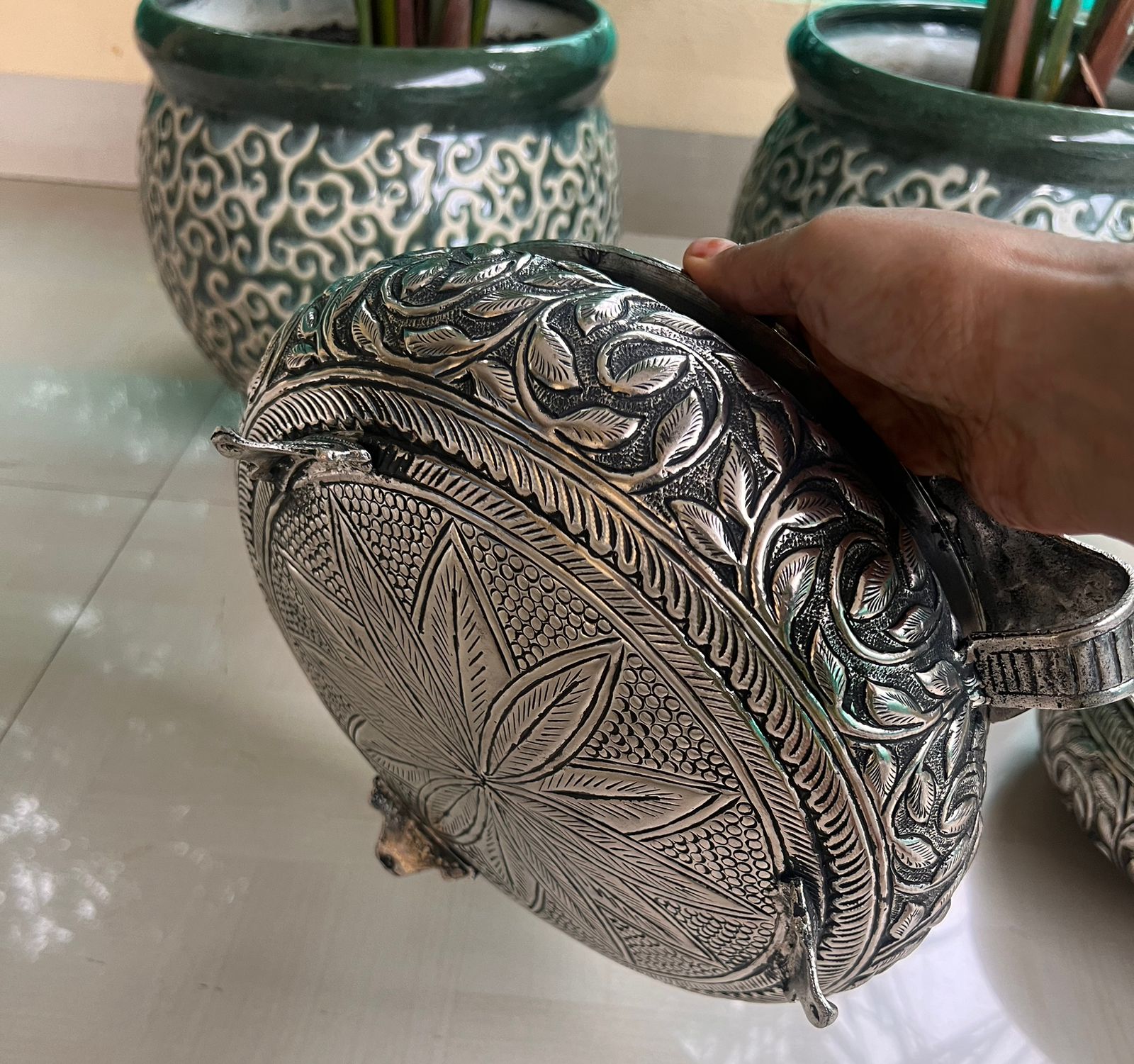 german silver fully carved antique finish urli bowl