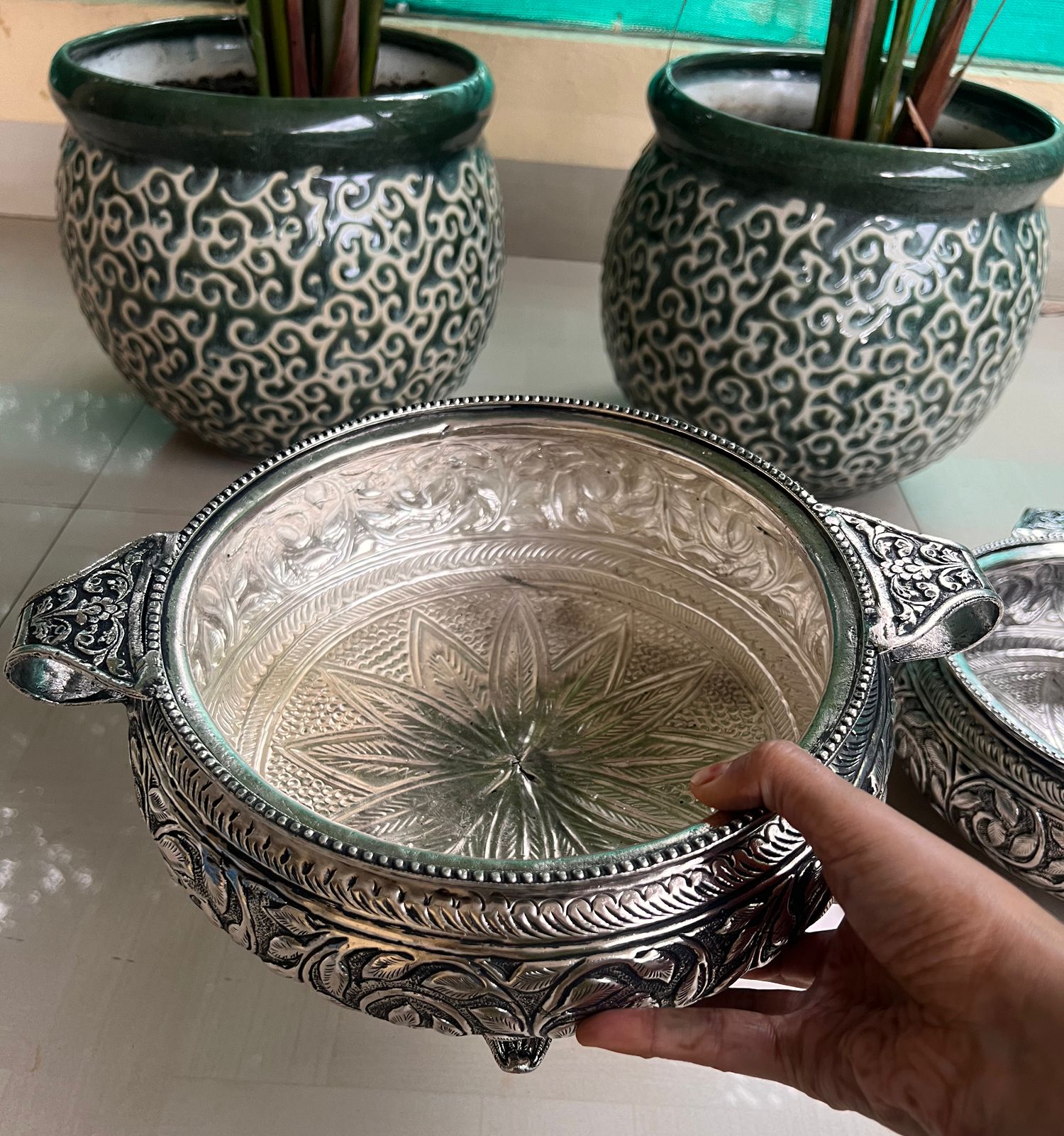 german silver fully carved antique finish urli bowl