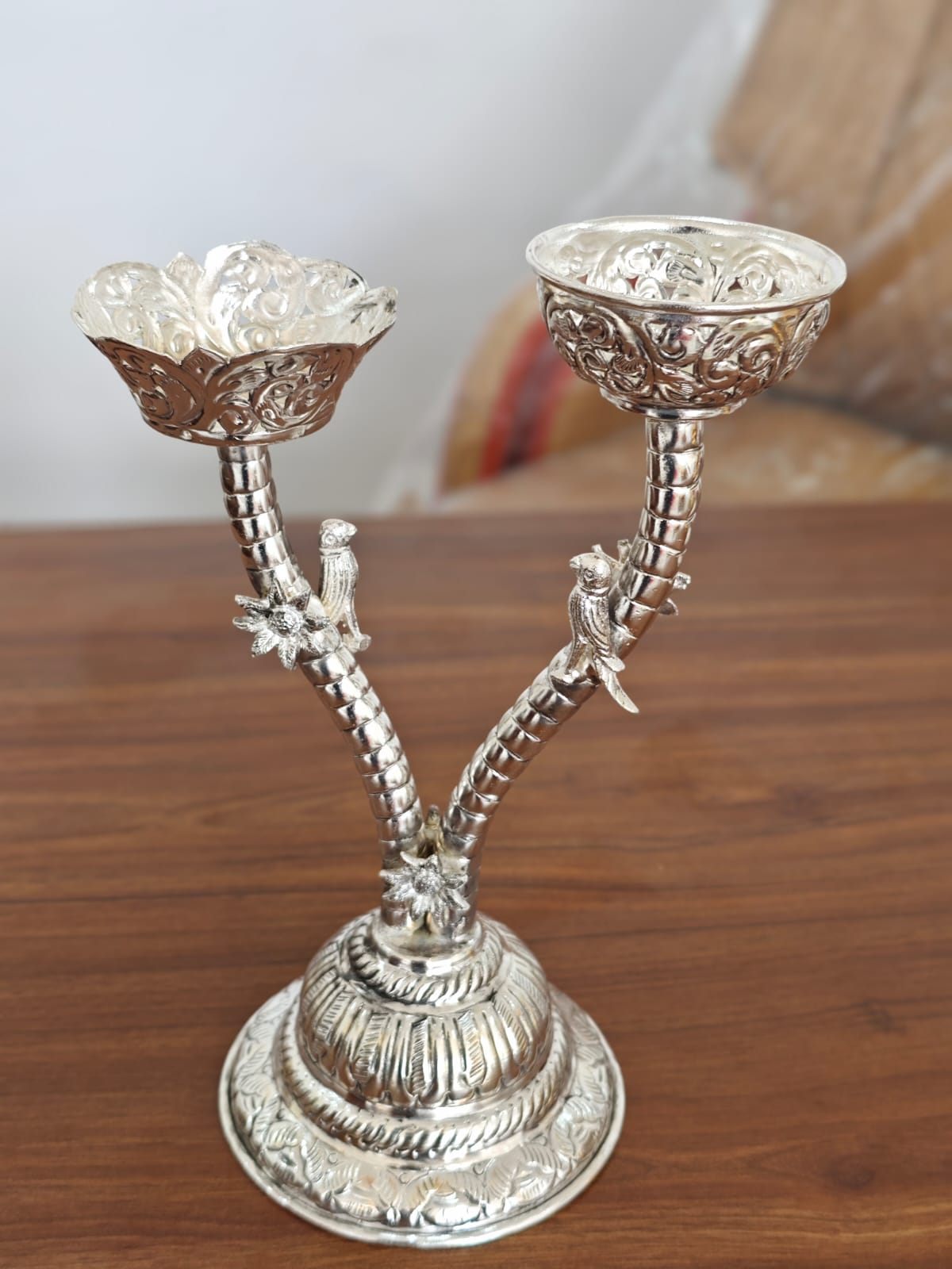 Finely Handcrafted German Silver Tree Pattern Candle Stand in Home Decor.