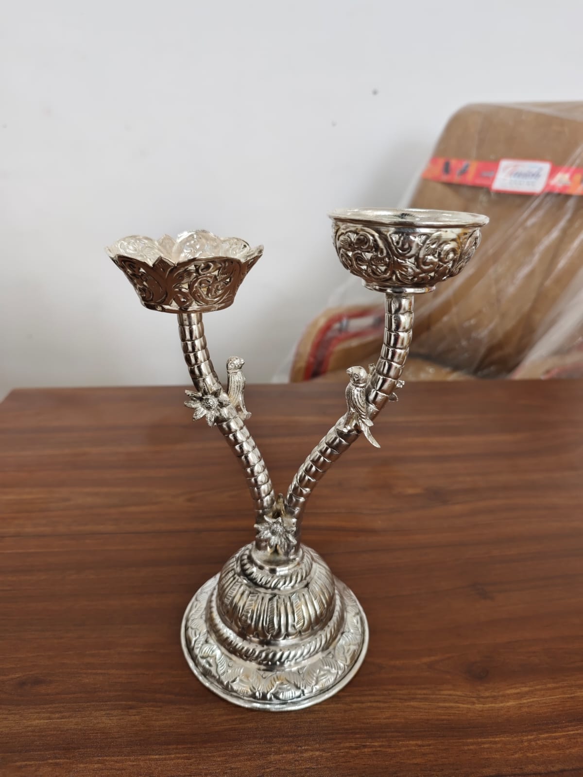 Finely Handcrafted German Silver Tree Pattern Candle Stand in Home Decor.