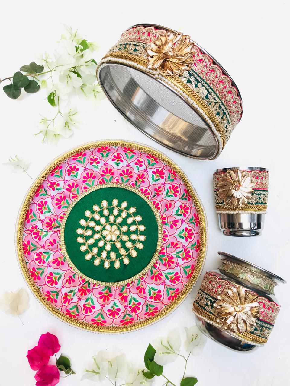 Colorful Karwacauth Combined Floral with Gota Work Pooja thali Set,