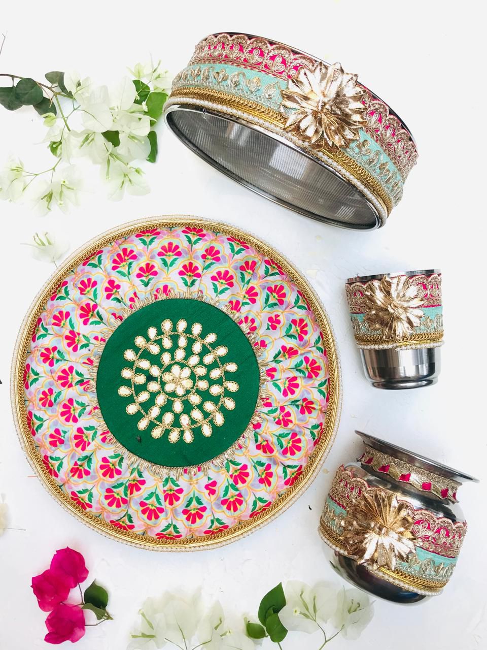 Colorful Karwacauth Combined Floral with Gota Work Pooja thali Set,