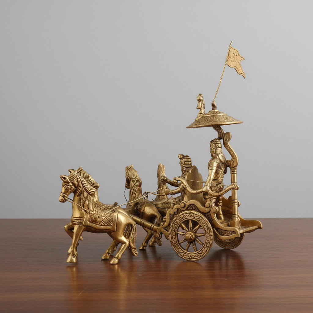Brass Krishan Arjun rath Chariot with 4 Horses for Home