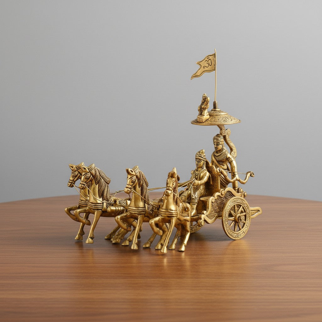 Brass Krishan Arjun rath Chariot with 4 Horses for Home