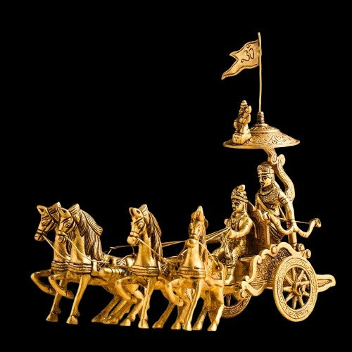 Brass Krishan Arjun rath Chariot with 4 Horses for Home