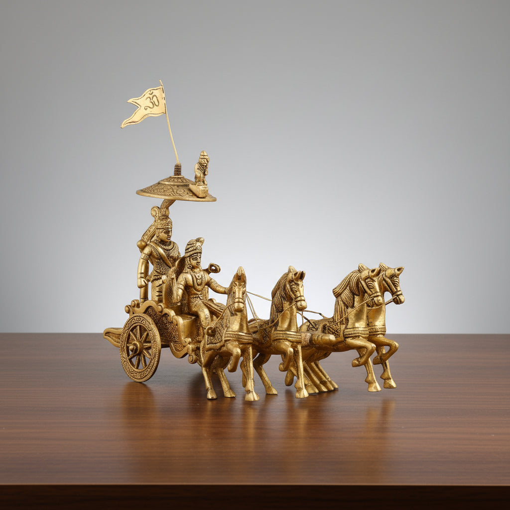 Brass Krishan Arjun rath Chariot with 4 Horses for Home
