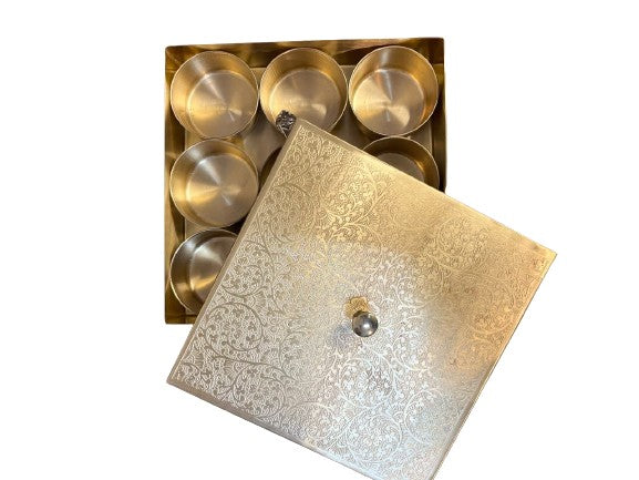 brass carved square spice box with 9 containers and 1 spoon