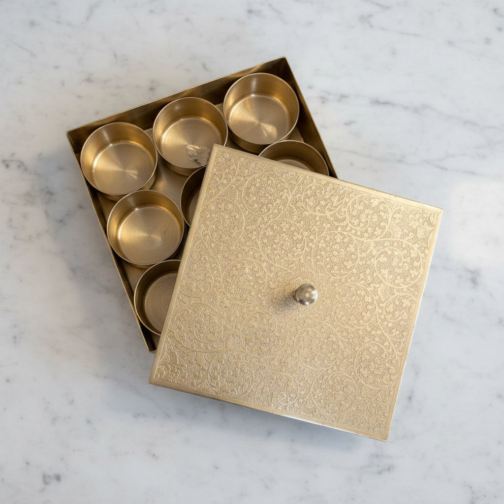 brass carved square spice box with 9 containers and 1 spoon