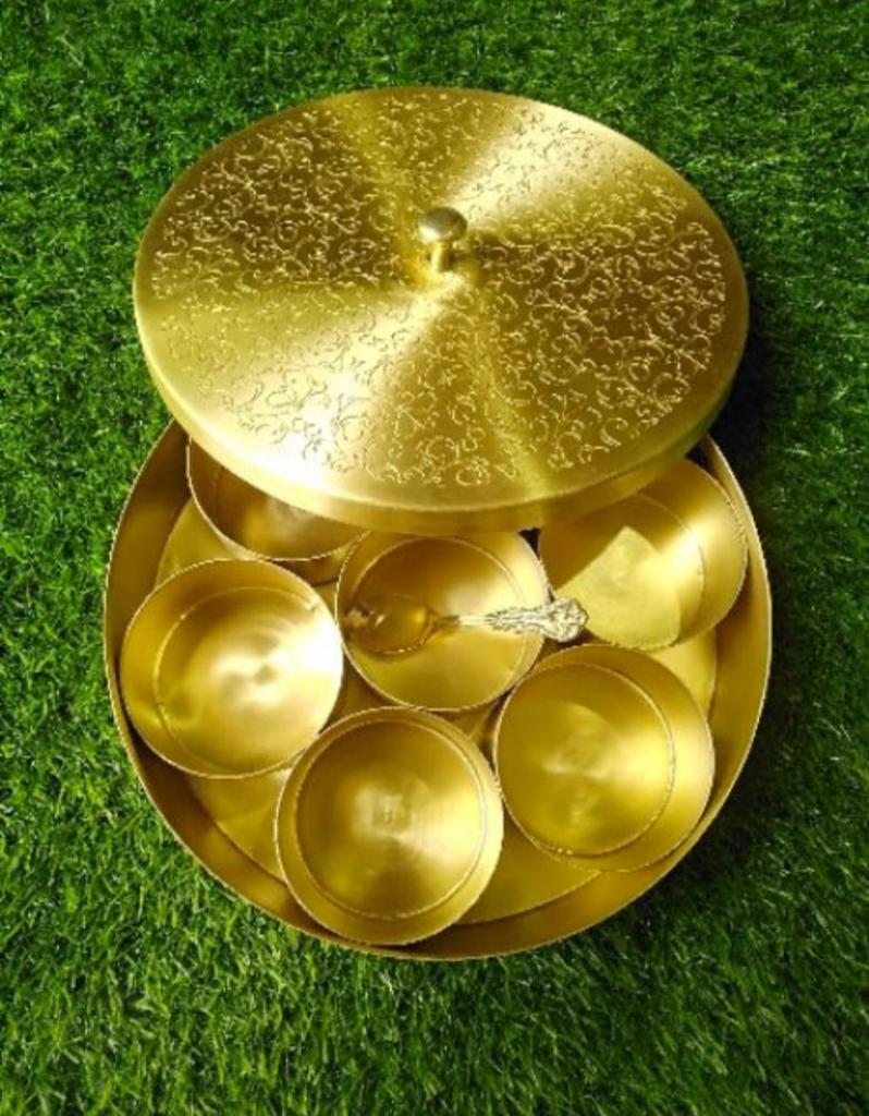 brass carved round spice box with 7 containers and 1 spoon perfect