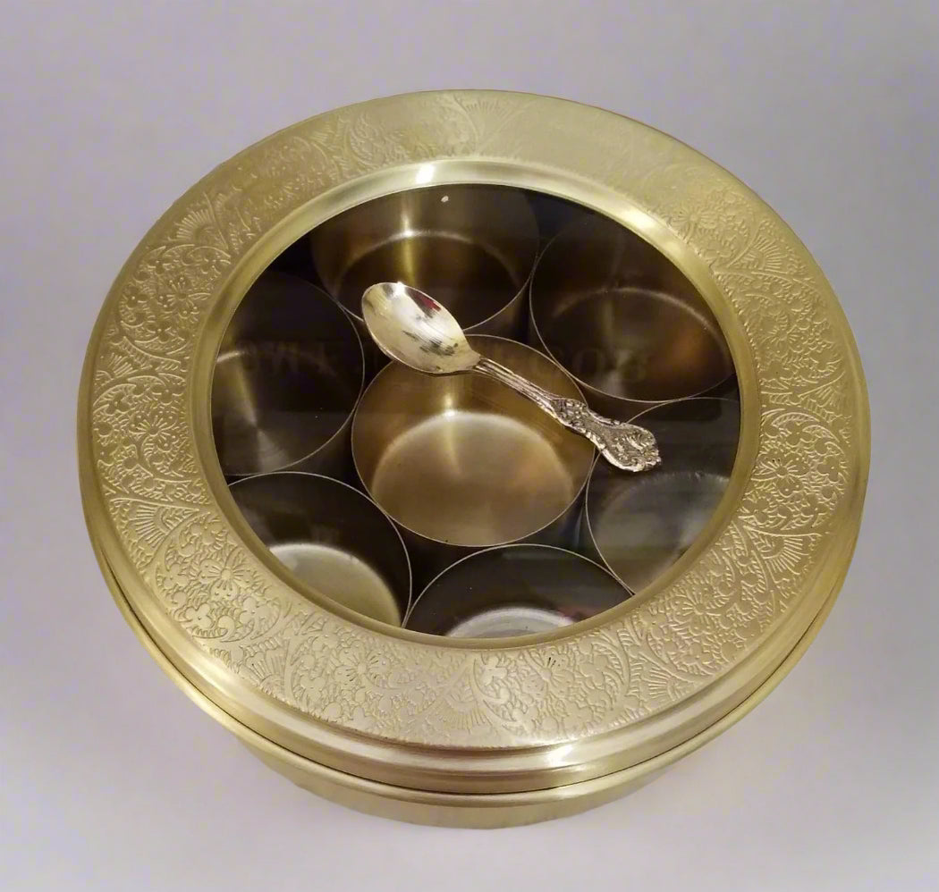 brass carved spice box with 7 containers and 1 spoon perfect