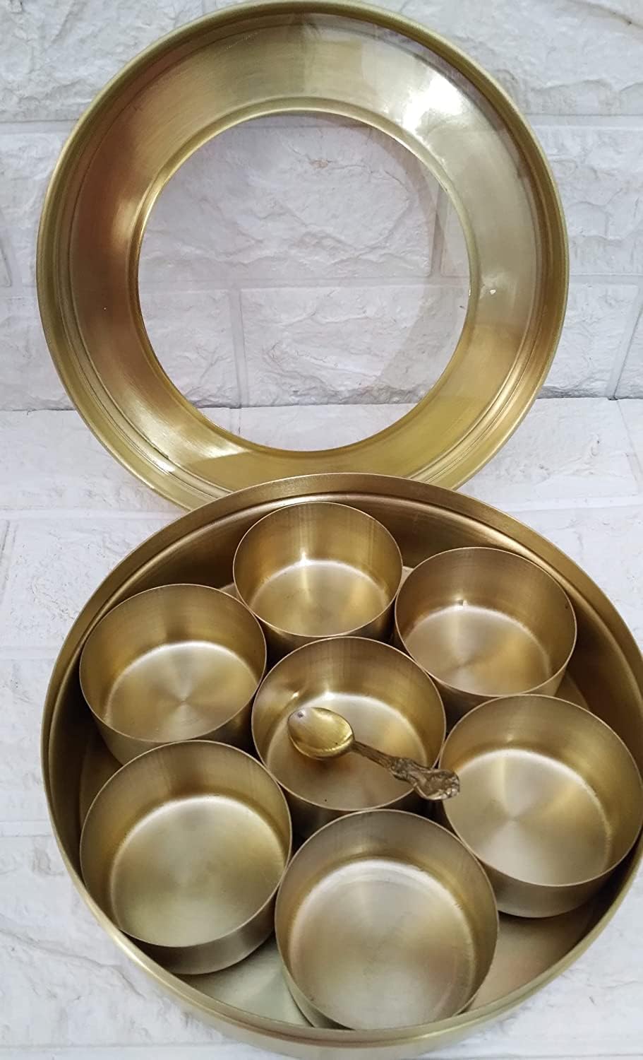 brass carved spice box with 7 containers and 1 spoon perfect