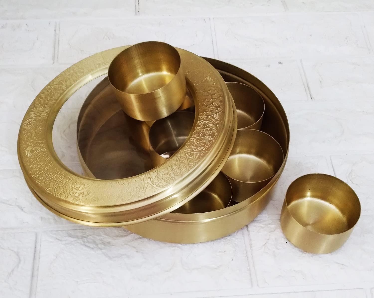 brass carved spice box with 7 containers and 1 spoon perfect