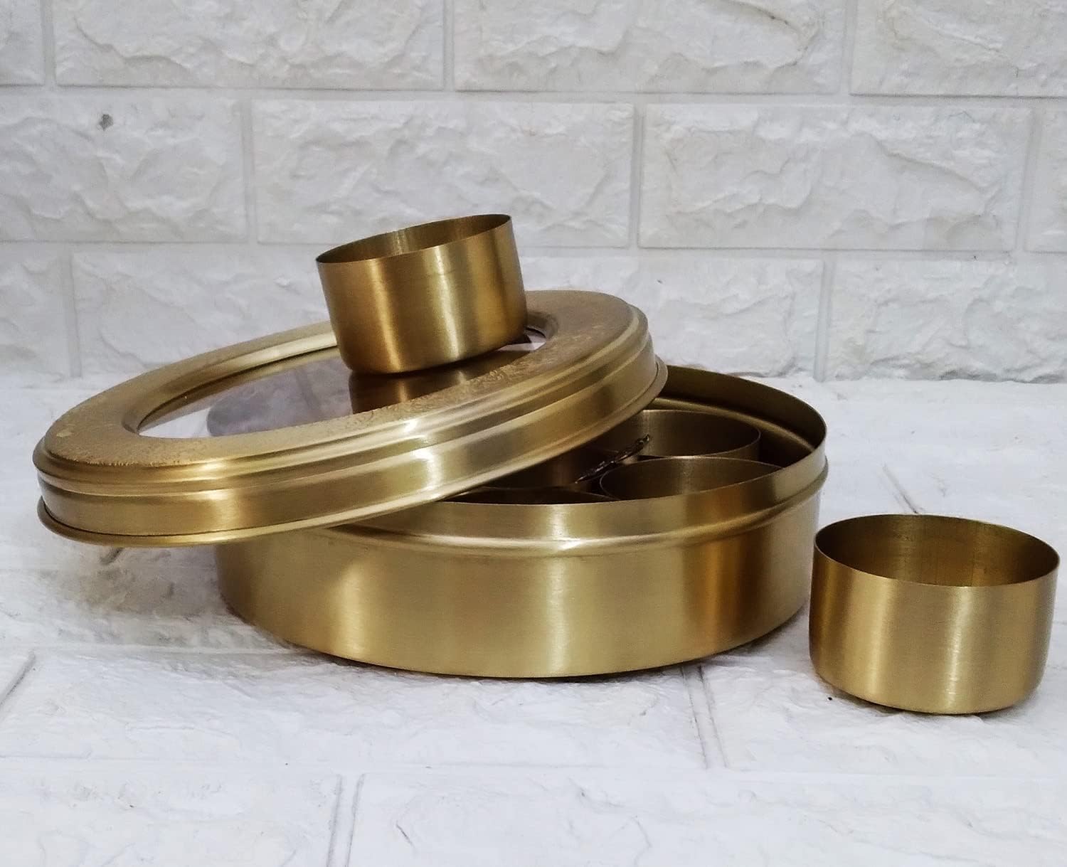 brass carved spice box with 7 containers and 1 spoon perfect