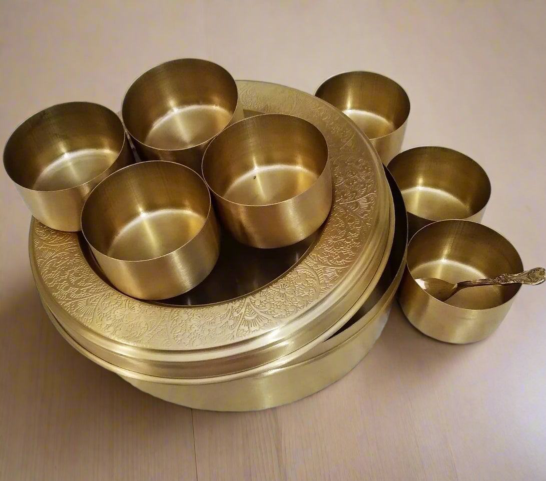 brass carved spice box with 7 containers and 1 spoon perfect