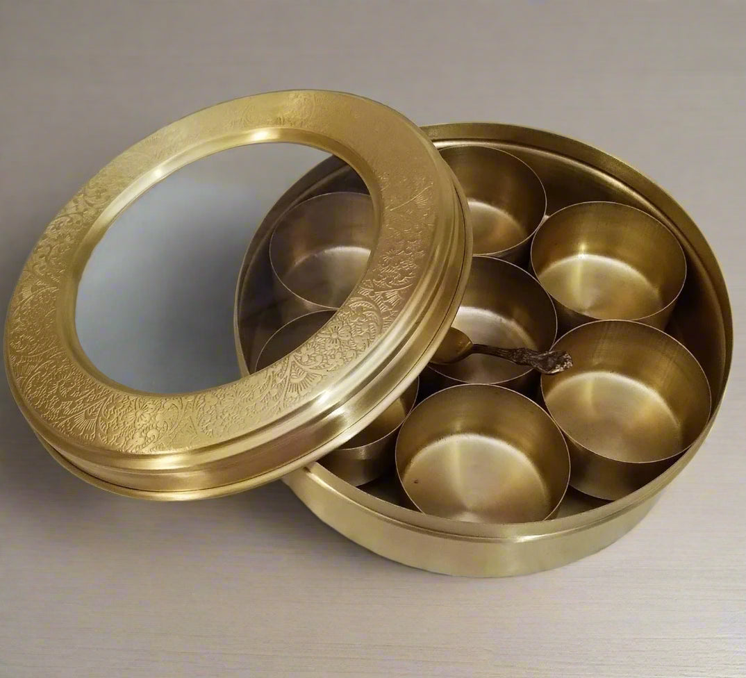 brass carved spice box with 7 containers and 1 spoon perfect