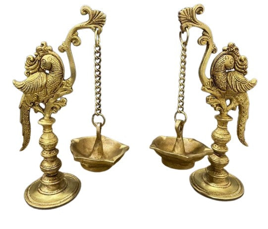 Set of 2 Brass Parrot Diya Set for Festival/ House Warming Party/ Wedding