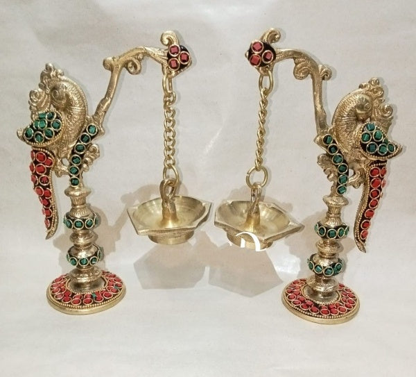 Set of 2 Brass with Stone Work Parrot Diya Set for Festival/ House Warming Party/ Wedding