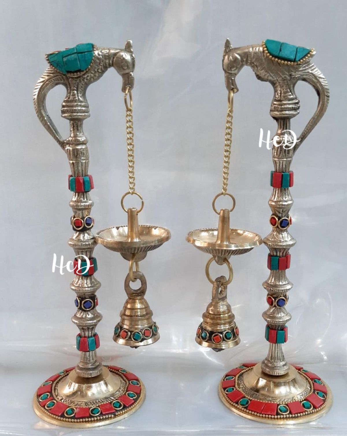 Pair of Brass with Stone Work Standing Parrot Lamp for House Warming/ Home décor