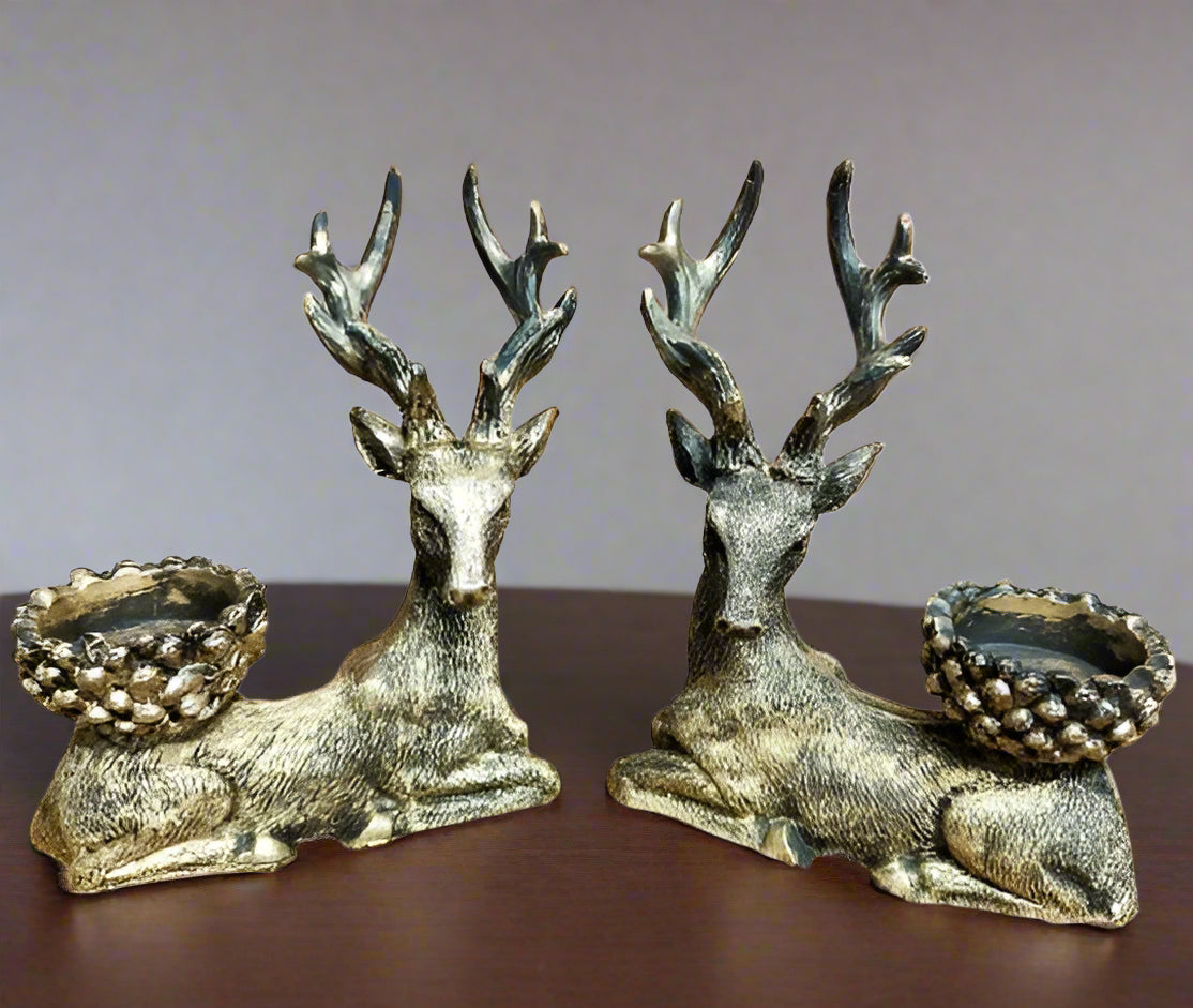 Resin Golden Color Decorative Stag Deer Tea Light Holder , Set of 2 Home décor Shoe Piece with 4 Wax Tea Lights