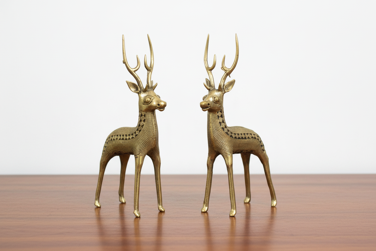 Handcrafted Dhokra Art Deer Standing pair set– Brass Tribal Home Décor & Auspicious Gift
