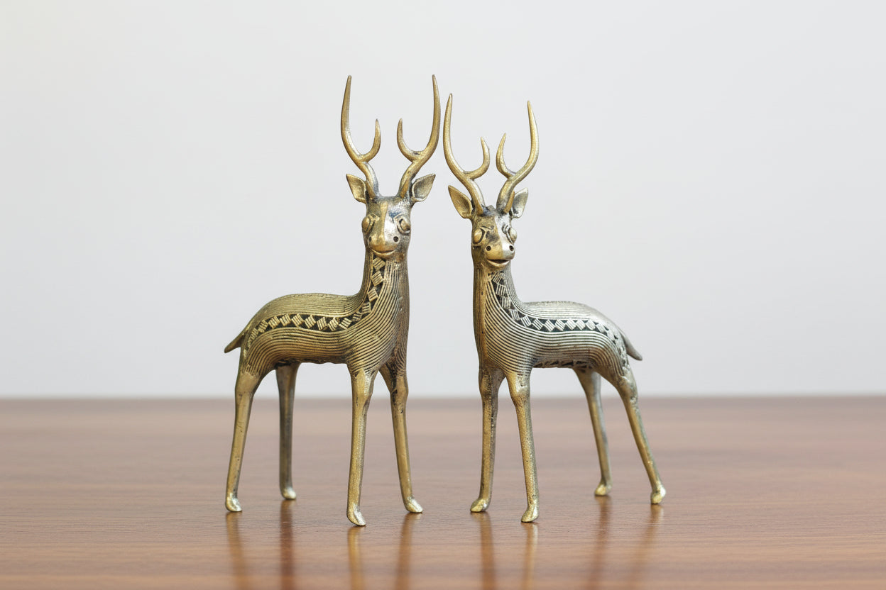 Handcrafted Dhokra Art Deer Standing pair set– Brass Tribal Home Décor & Auspicious Gift