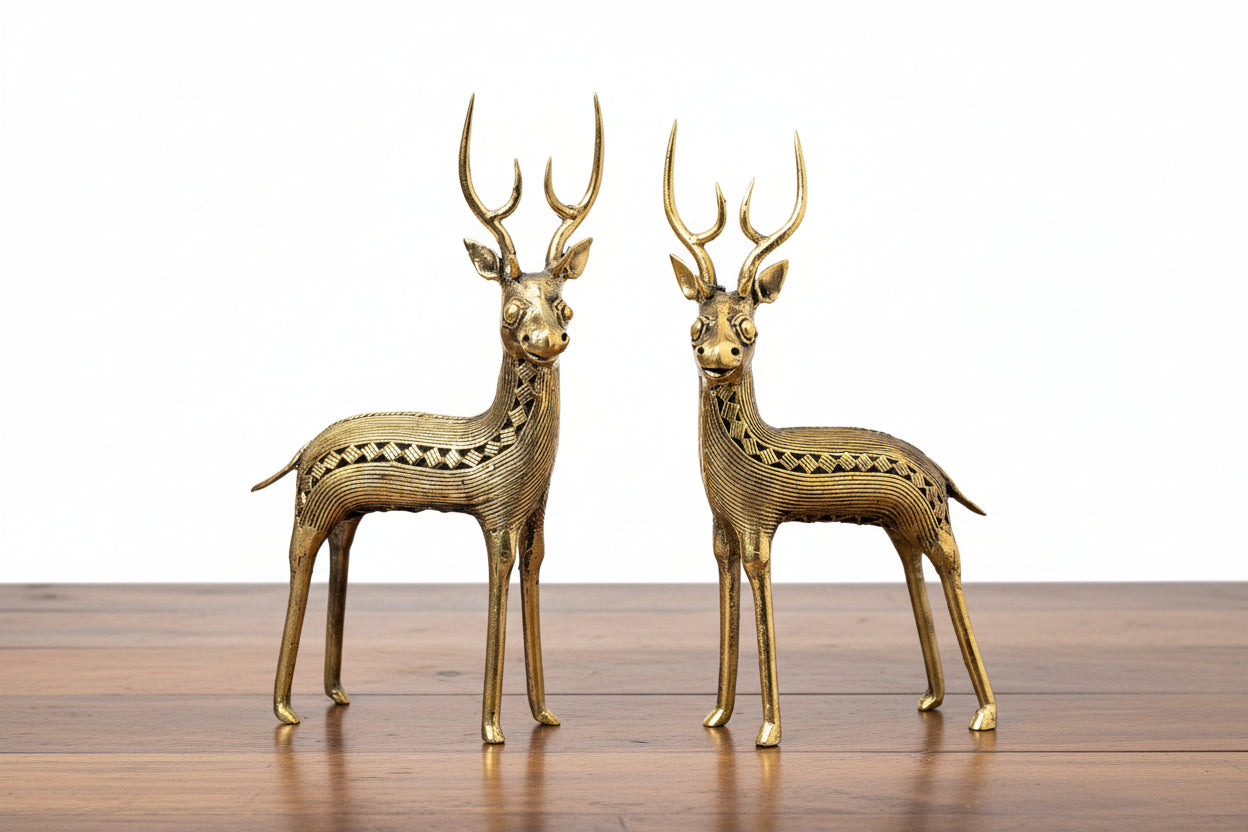 Handcrafted Dhokra Art Deer Standing pair set– Brass Tribal Home Décor & Auspicious Gift