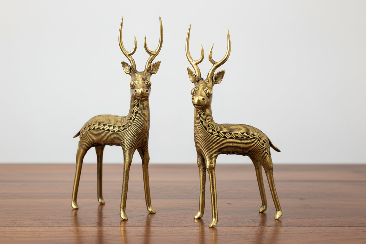Handcrafted Dhokra Art Deer Standing pair set– Brass Tribal Home Décor & Auspicious Gift