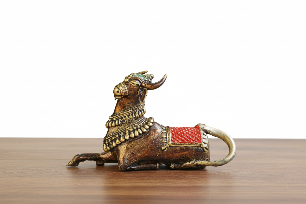Handcrafted Brass colorful Nandi Sitting Statue – Traditional Home Décor & Spiritual Blessings