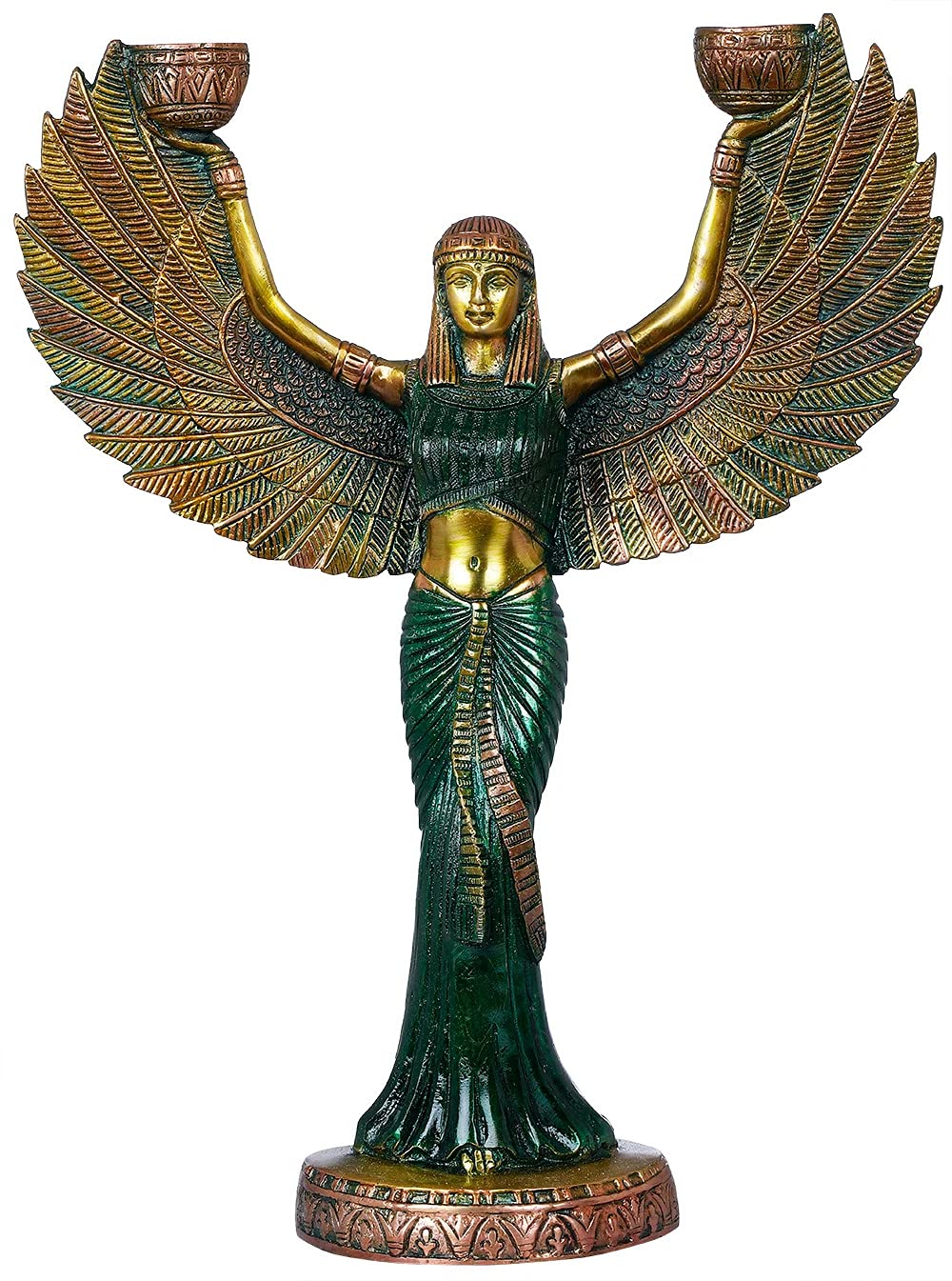 Brass green color Egyptian Goddess Isis Statue with Candle Holder – 12 Inch Spiritual Home Décor