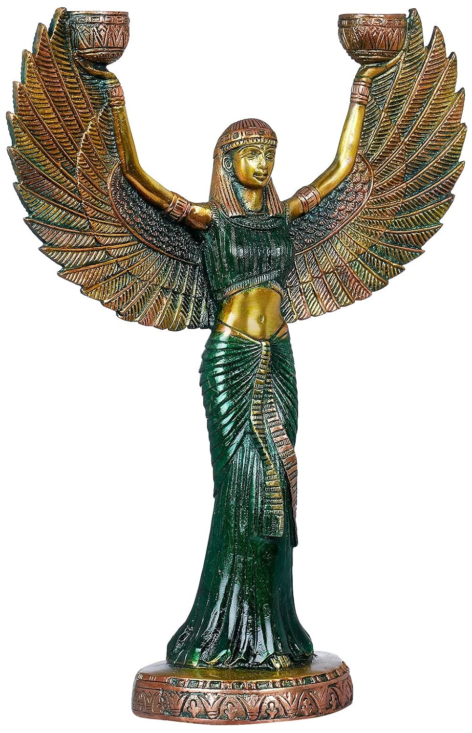 Brass green color Egyptian Goddess Isis Statue with Candle Holder – 12 Inch Spiritual Home Décor
