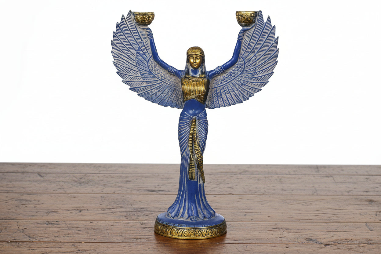 Brass blue color Egyptian Goddess Isis Statue with Candle Holder – 12 Inch Spiritual Home Décor