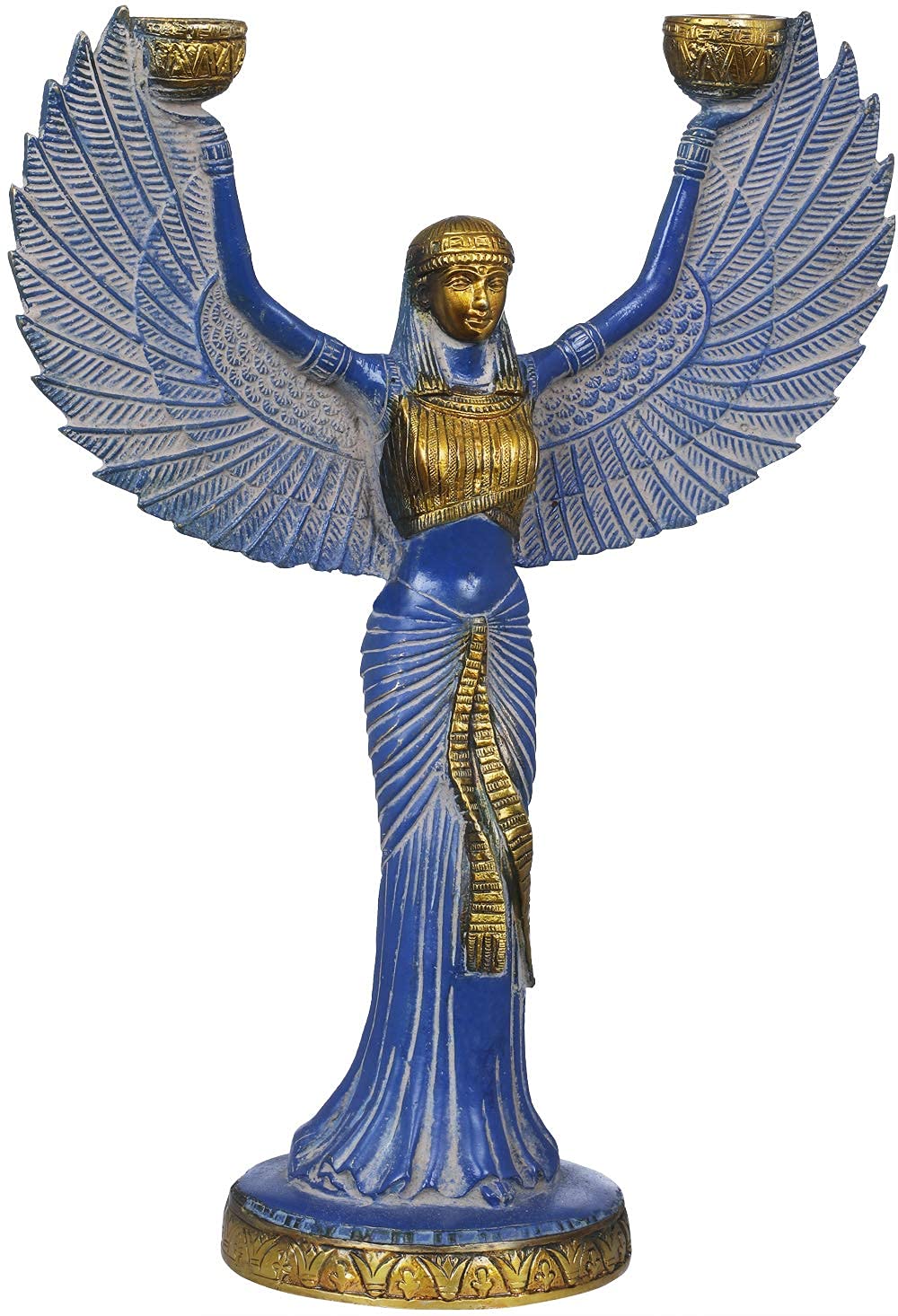 Brass blue color Egyptian Goddess Isis Statue with Candle Holder – 12 Inch Spiritual Home Décor