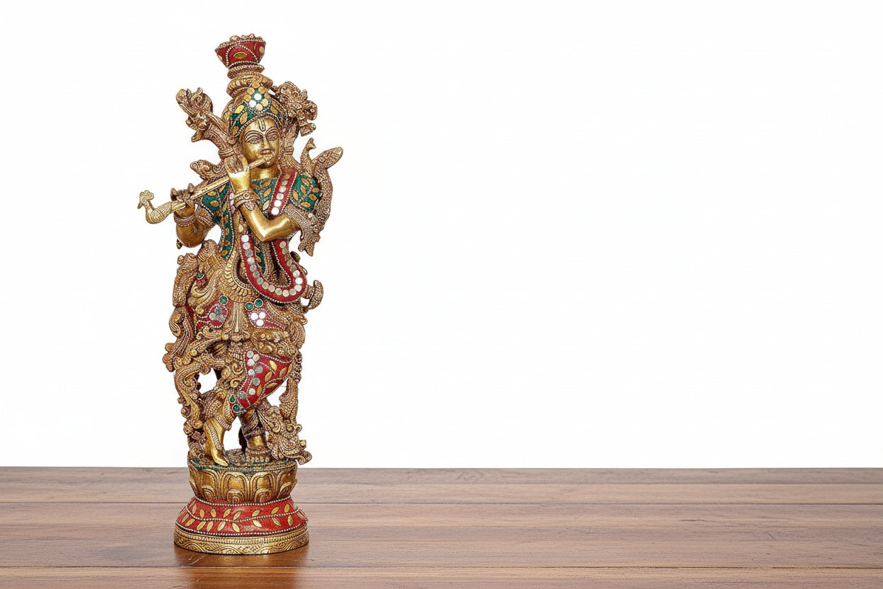 Brass with stonework Krishna Statue Idol Playing Flute – 14 Inch Traditional Home Décor & Spiritual Blessings