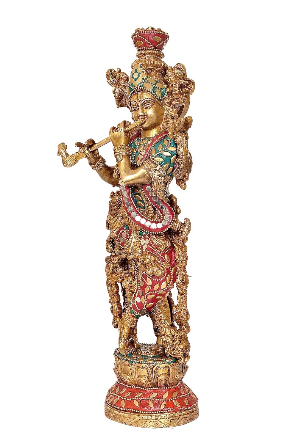 Brass with stonework Krishna Statue Idol Playing Flute – 14 Inch Traditional Home Décor & Spiritual Blessings